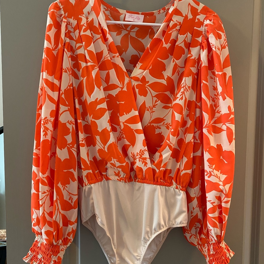 Pink Lily floral long sleeve bodysuit, size medium